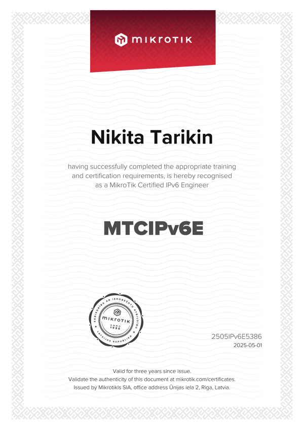 MikroTik Certified IPv6 Engineer certificate — 92%, issued 2025-05-01