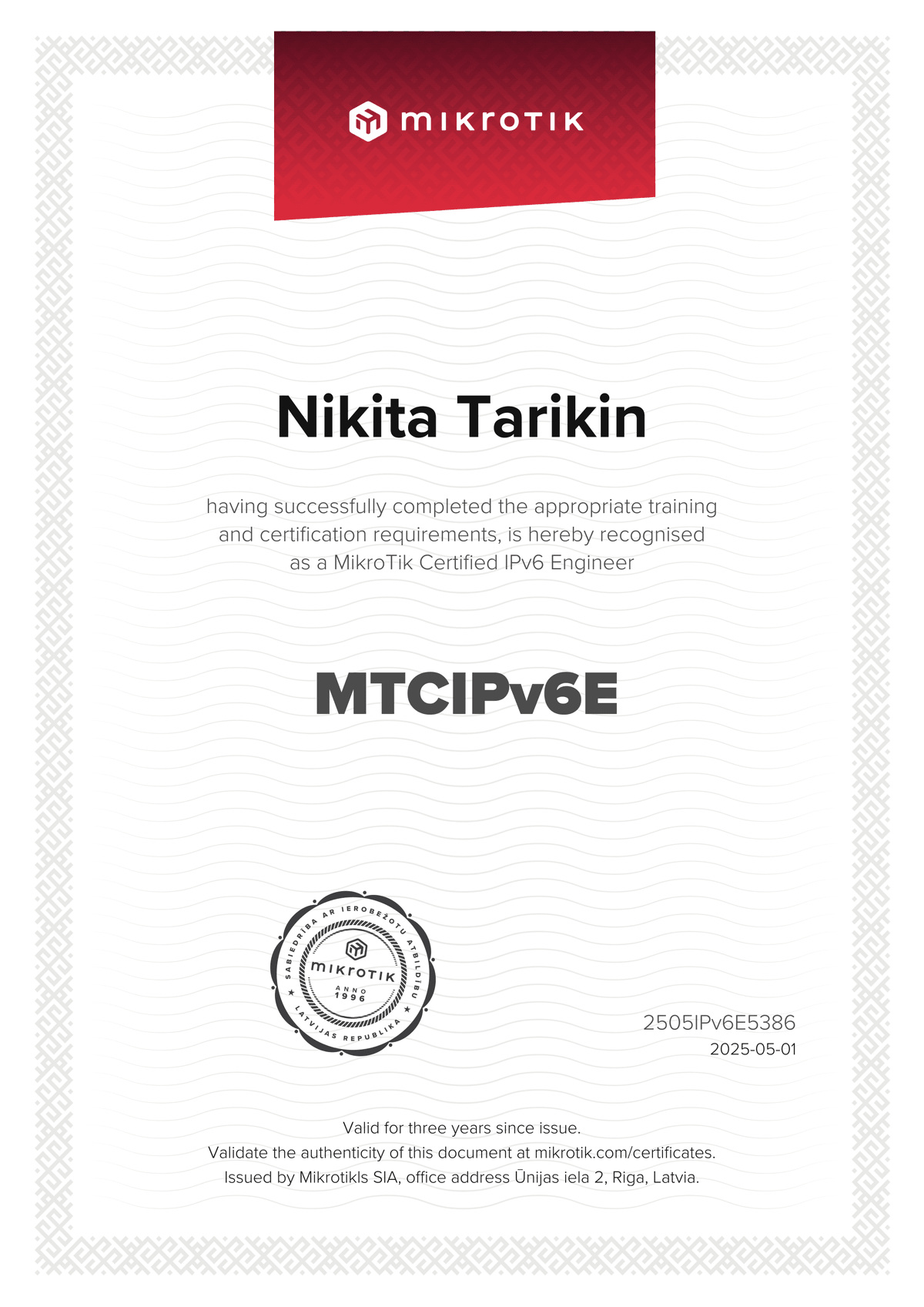 MikroTik Certified IPv6 Engineer certificate — 92%, issued 2025-05-01