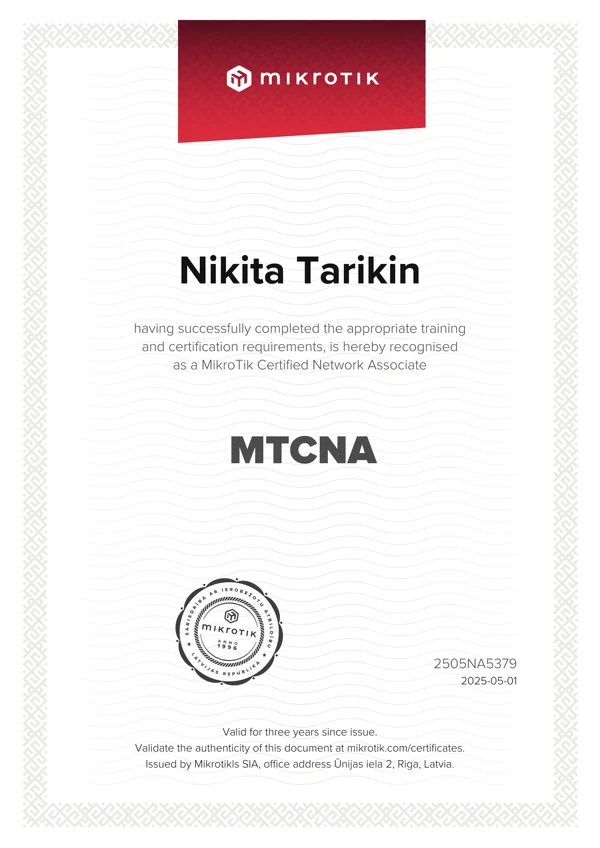 MikroTik Certified Network Associate certificate — 100%, issued 2025-05-01
