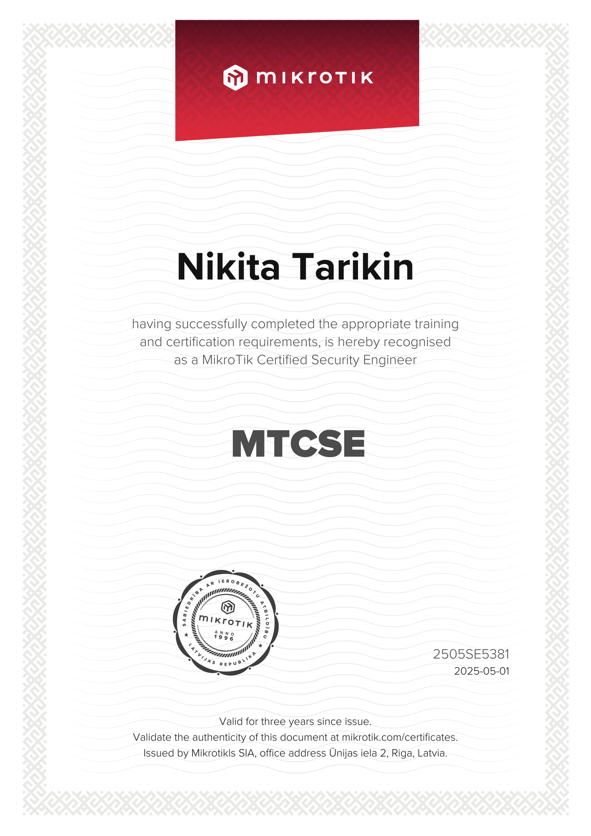 MikroTik Certified Security Engineer certificate — 98%, issued 2025-05-01