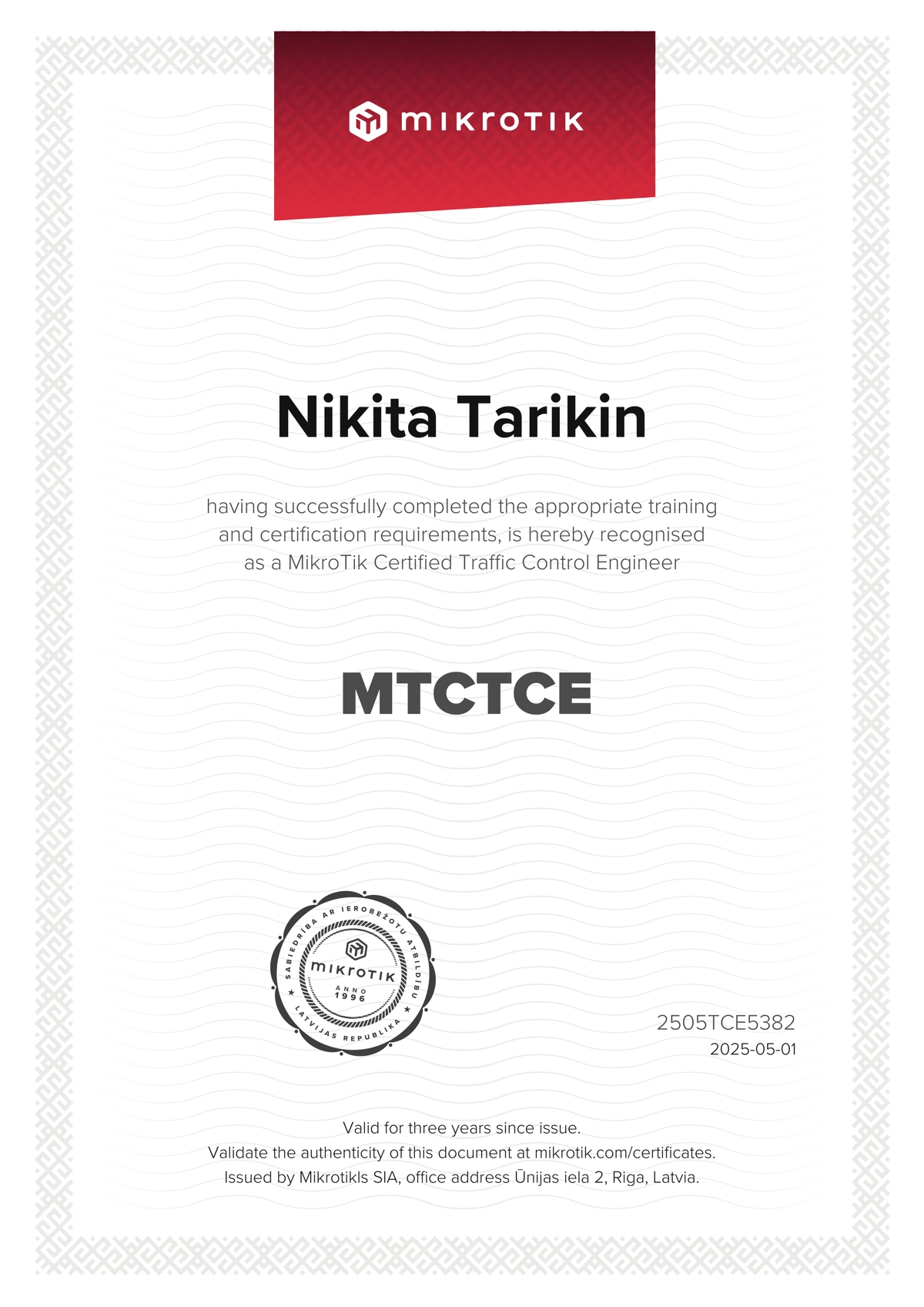 MikroTik Certified Traffic Control Engineer certificate — 86%, issued 2025-05-01