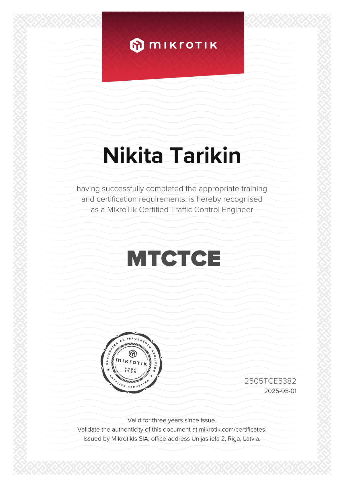MikroTik Certified Traffic Control Engineer certificate — 86%, issued 2025-05-01