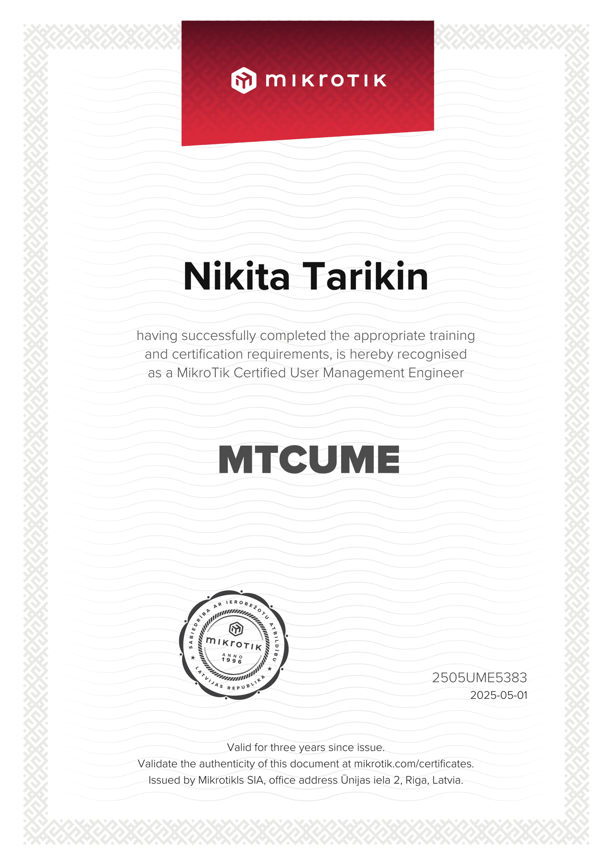 MikroTik Certified User Management Engineer certificate — 94%, issued 2025-05-01